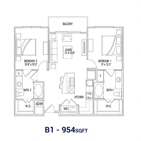 Floor plan for 2 beds, 2 baths, 954 sqft